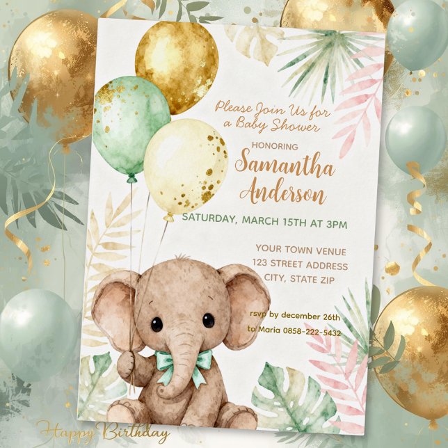 Elephant Brown Sage Green Balloons Baby Shower Foil Invitation (Creator Uploaded)