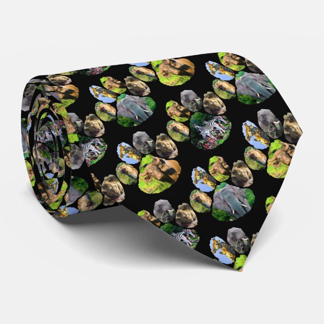 Elephant, Buffalo,Zebra Footprint Collage Neck Tie (Rolled)