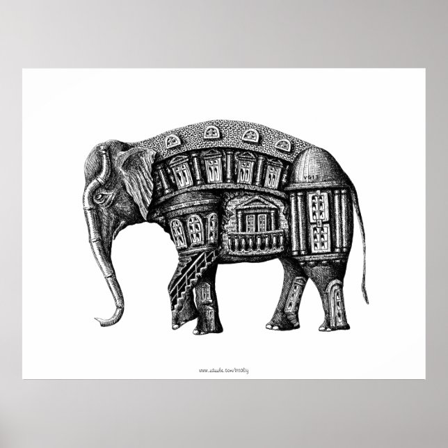 Elephant Building pen ink black and white drawing Poster (Front)