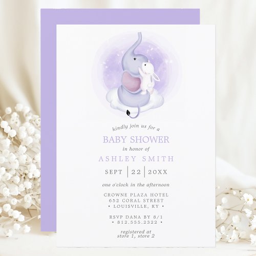 Elephant Bunny Purple Watercolor Baby Shower Invitation