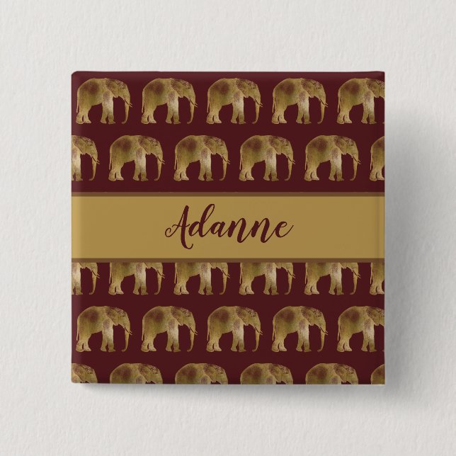 Elephant Burgundy and Gold Pattern Button (Front)