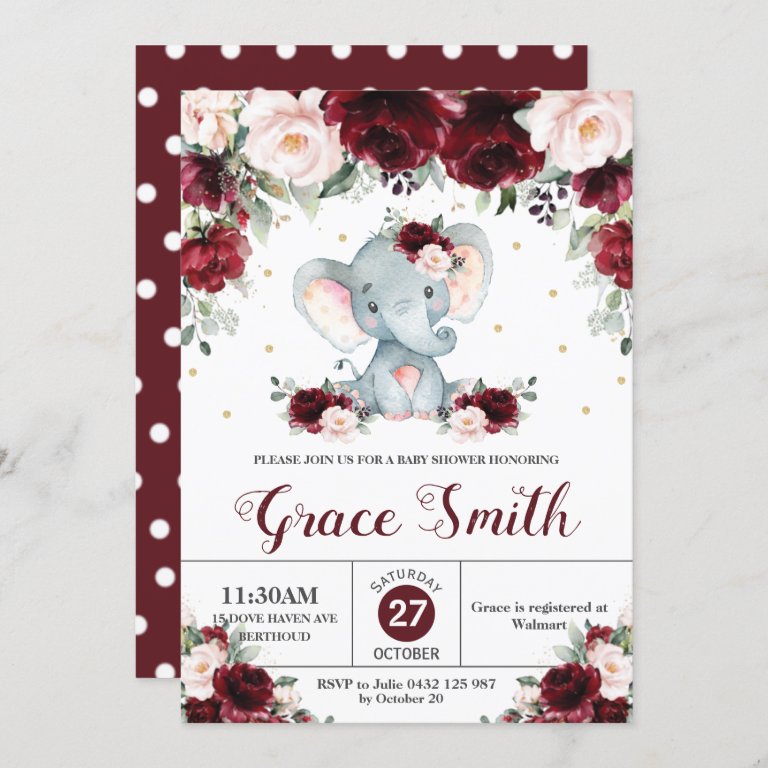 Elephant Burgundy Blush Floral Baby Shower Girl Invitation