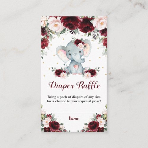 Elephant Burgundy Blush Floral Diaper Raffle Baby Enclosure Card