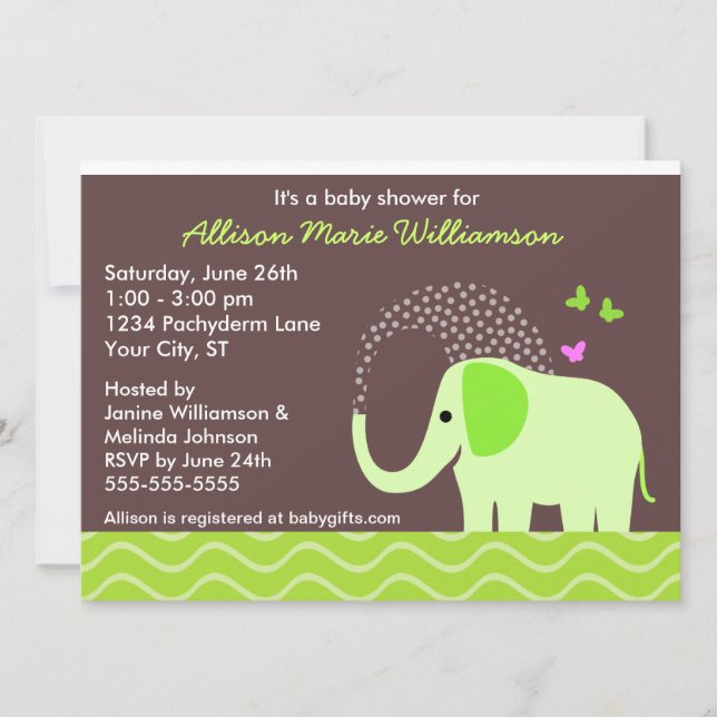 Elephant & Butterflies Baby Shower Invitation (Front)