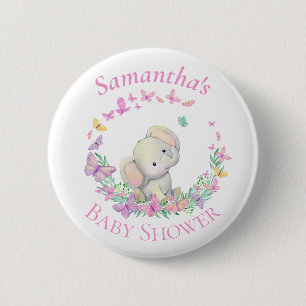 Elephant Butterflies Pink Baby Shower  Button