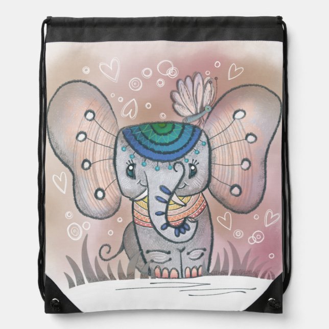 Elephant & Butterfly Drawstring Bag (Front)