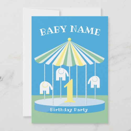 Elephant Carousel 1st Birthday Party Invitation