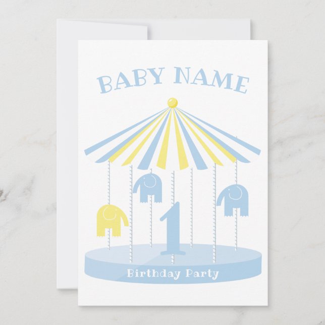 Elephant Carousel Colorful First Invitation (Front)