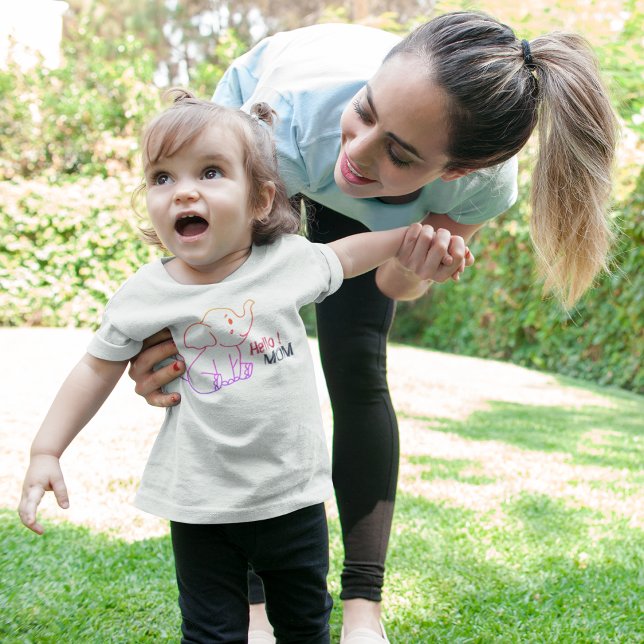Elephant Cartoon Baby T-Shirt (cute elephant saying hello to mom, mom and child playing happily in park.)