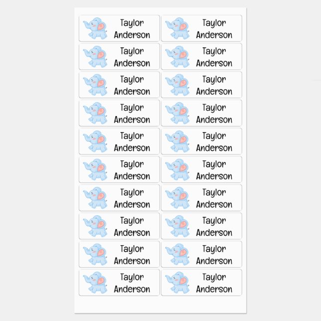 Elephant Cartoon Personalized Name Kids labels (Sheet)