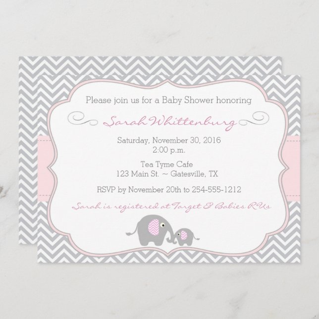Elephant Chevron Baby Shower Invitation - Pink (Front/Back)
