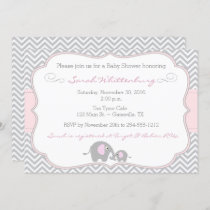 Elephant Chevron Baby Shower Invitation - Pink