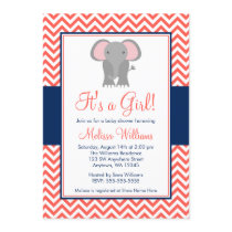 Elephant Chevron Coral Navy Blue Girl Baby Shower Invitation