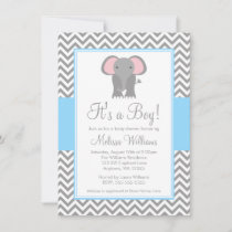 Elephant Chevron Light Blue Gray Baby Shower Invitation