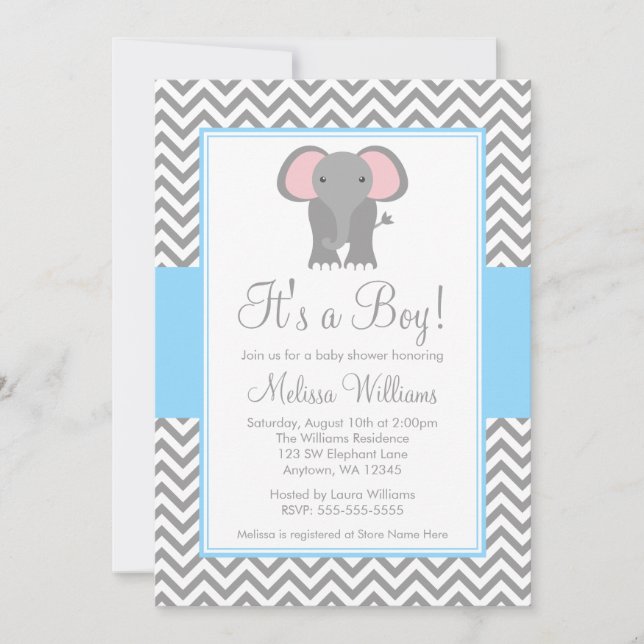 Elephant Chevron Light Blue Gray Baby Shower Invitation (Front)