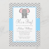 Elephant Chevron Light Blue Gray Baby Shower Invitation