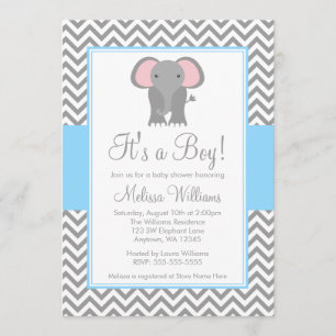 Elephant Chevron Light Blue Gray Baby Shower Invitation