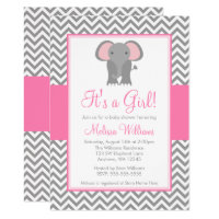 Elephant Chevron Pink Gray Girl Baby Shower Card
