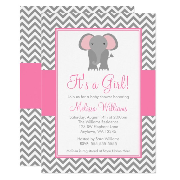 Elephant Chevron Pink Gray Girl Baby Shower Invitation