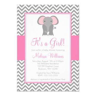 Elephant Chevron Pink Gray Girl Baby Shower Card