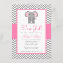 Elephant Chevron Pink Gray Girl Baby Shower Invitation