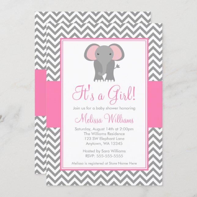 Elephant Chevron Pink Gray Girl Baby Shower Invitation (Front/Back)