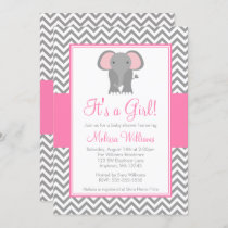 Elephant Chevron Pink Gray Girl Baby Shower Invitation