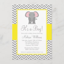 Elephant Chevron Yellow Gray Baby Shower Invitation
