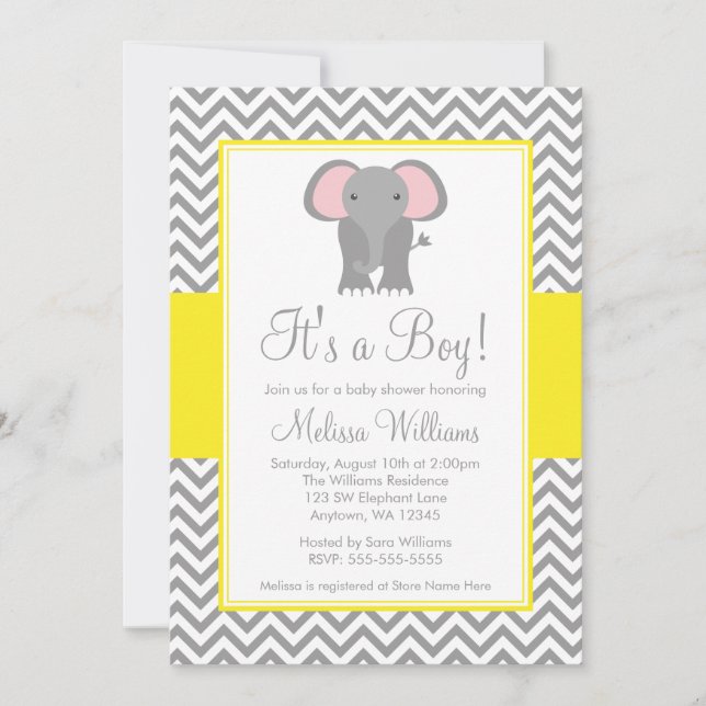Elephant Chevron Yellow Gray Baby Shower Invitation (Front)