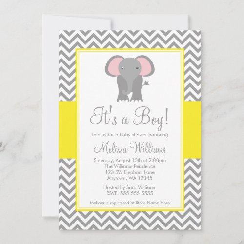 Elephant Chevron Yellow Gray Baby Shower Invitation