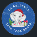 Elephant Childs Name Love From Santa Christmas Classic Round Sticker<br><div class="desc">Cute Elephant Childs Name Love From Santa Christmas.  Personalise the text to your requirements.</div>