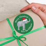 Elephant Christmas Cute Custom From Family Gift Classic Round Sticker<br><div class="desc">Cute holiday animals are my favorite part of Christmas. A beautiful elephant wearing a red Santa hat and looking happy. This personalized green elephant gift sticker fills me with the Christmas spirit.</div>