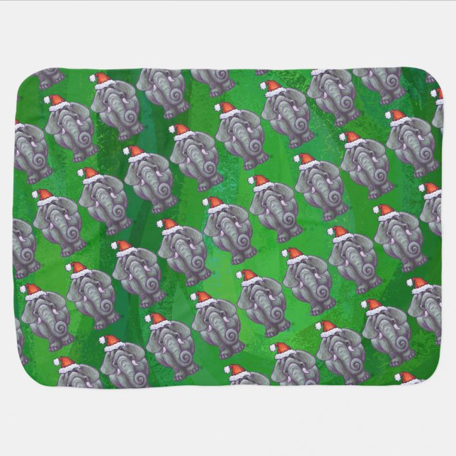Elephant Christmas On Green Baby Blanket (Horizontal)