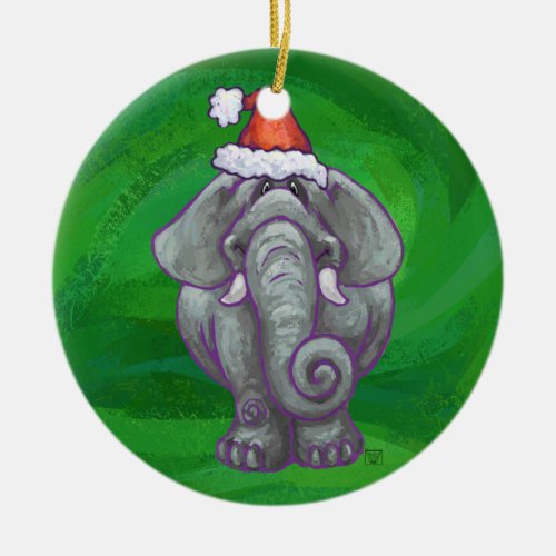 Elephant Christmas On Green Ceramic Ornament