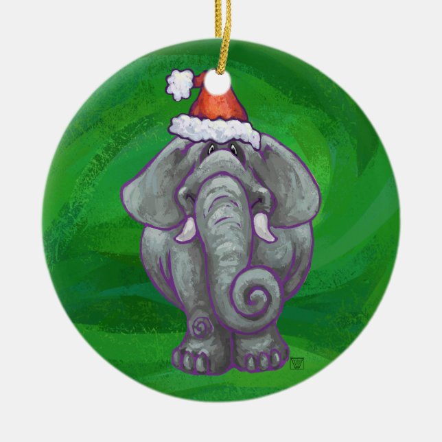 Elephant Christmas On Green Ceramic Ornament (Front)