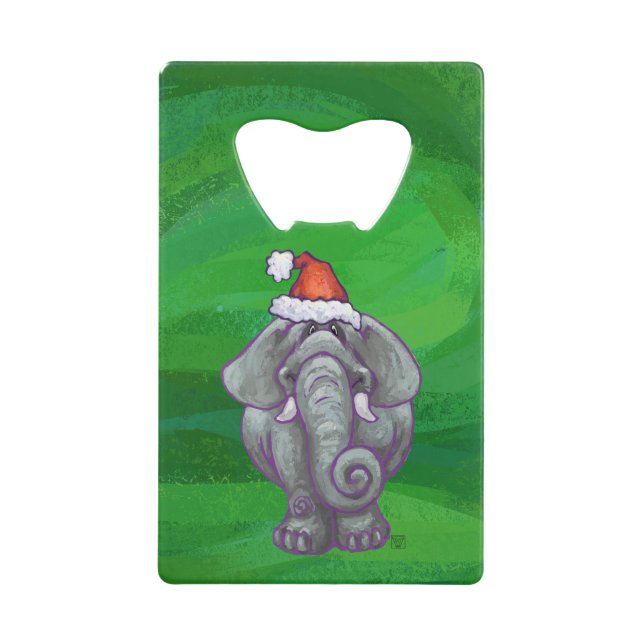 Elephant Christmas On Green Credit Card Bottle Opener (Front)