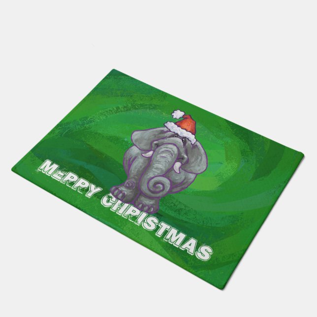 Elephant Christmas On Green Doormat (Angled)