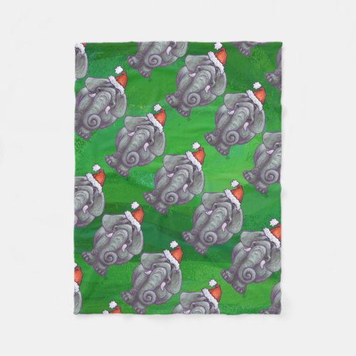 Elephant Christmas On Green Fleece Blanket