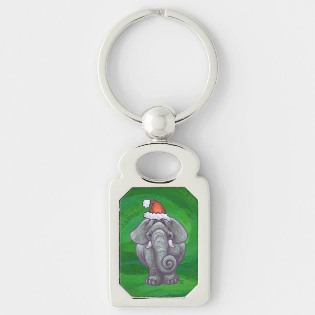 Elephant Christmas On Green Keychain (Front)