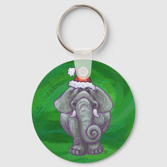 Elephant Christmas On Green Keychain (Front)