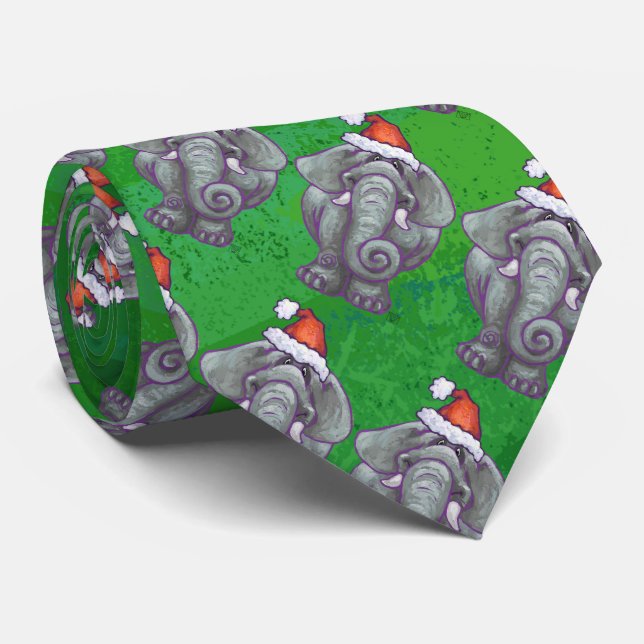 Elephant Christmas On Green Neck Tie (Rolled)