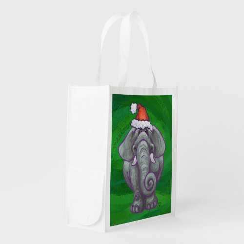 Elephant Christmas On Green Reusable Grocery Bag