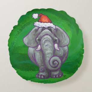 Elephant Christmas On Green Round Pillow