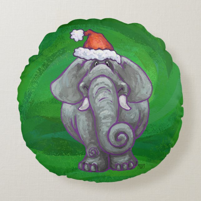 Elephant Christmas On Green Round Pillow (Front)