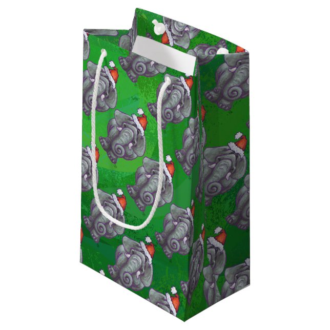 Elephant Christmas On Green Small Gift Bag (Front Angled)