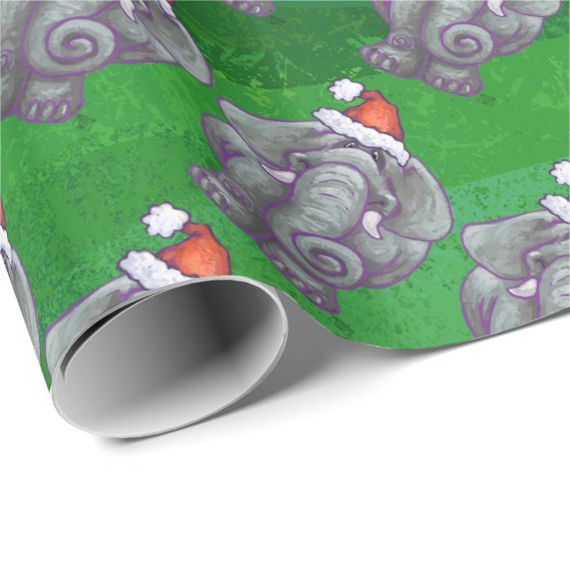Elephant Christmas On Green Wrapping Paper (Roll Corner)
