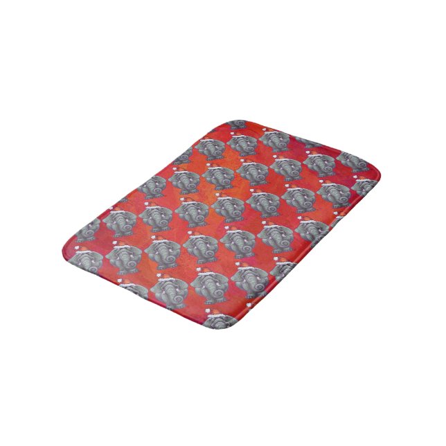 Elephant Christmas On Red Bathroom Mat (Angled)