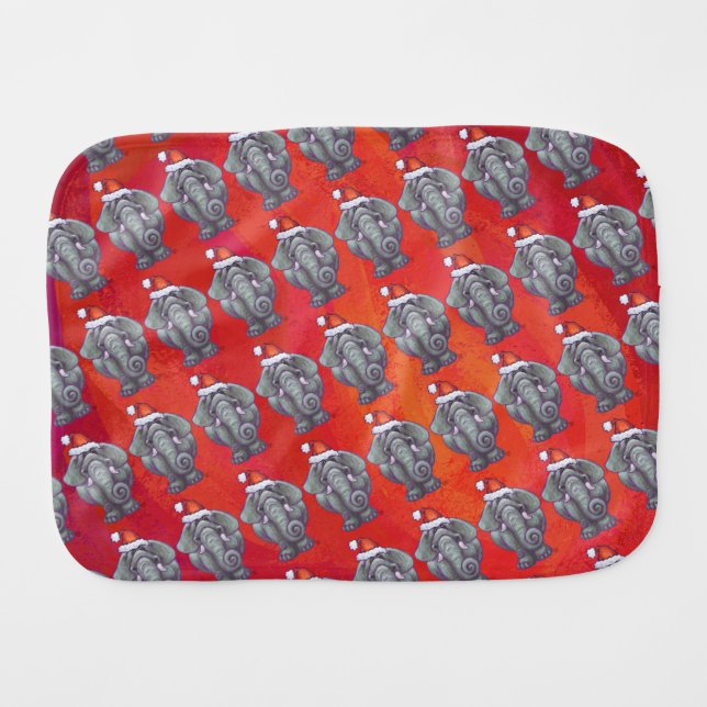 Elephant Christmas On Red Burp Cloth (Front Horizontal)