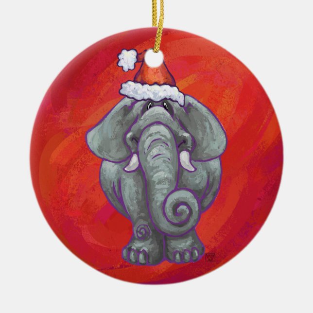 Elephant Christmas On Red Ceramic Ornament (Front)