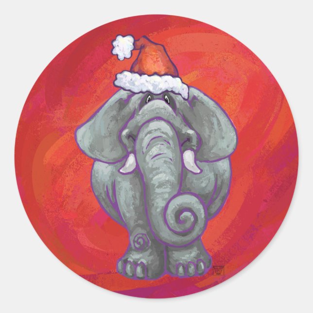 Elephant Christmas On Red Classic Round Sticker (Front)